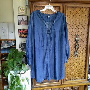 Cato Denim-Chambray Long Sleeve Lace-Up Neck Shift Shirt Dress - Size 22/24W